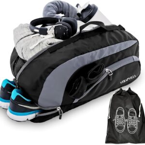 STRAPVILLA Gym Bag for Men with Shoe Compartment | Gym Bag for Women Workout | Duffle Bags for Gym | Sports Bag for Boys | Football Gym Duffle Bag | Travel Duffel Bag for Men | Black 31L